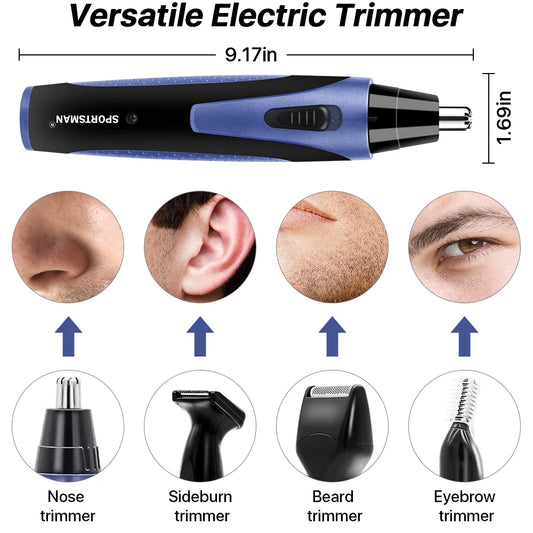 Waterproof nose hair trimmer with dual-edge blades for precise and painless trimming.